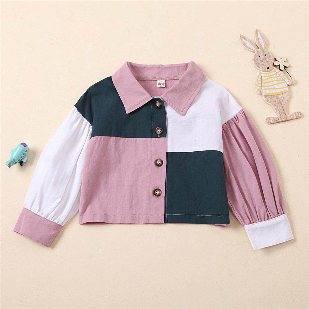 Girls Lapel Geometric Stitching Contrast Long Sleeve Cotton Blouse Kids Wholesale Clothing - PrettyKid
