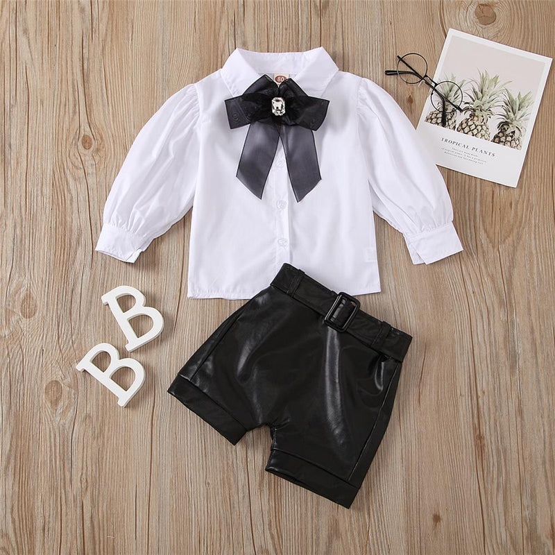Girls Lapel Long Sleeve Bow Blouse & PU Shorts Wholesale Girl Clothing - PrettyKid