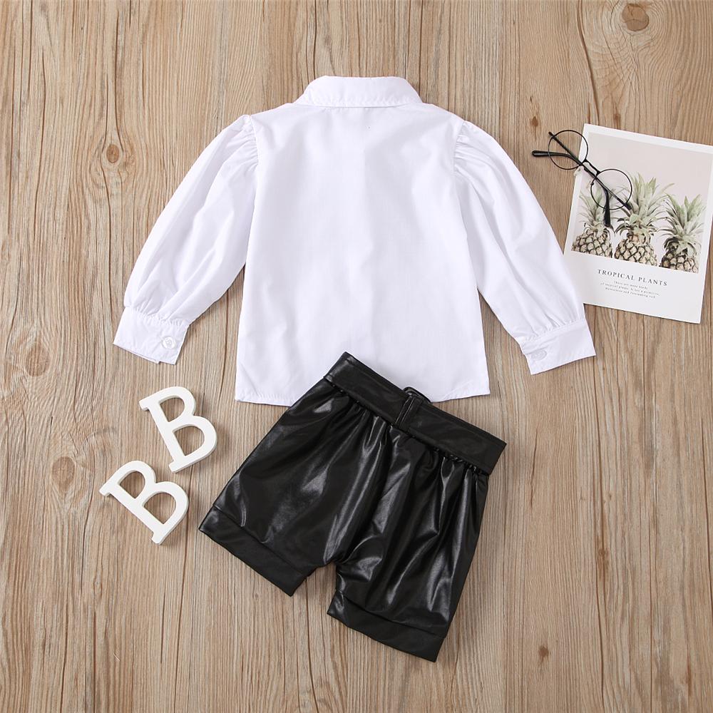 Girls Lapel Long Sleeve Bow Blouse & PU Shorts Wholesale Girl Clothing - PrettyKid
