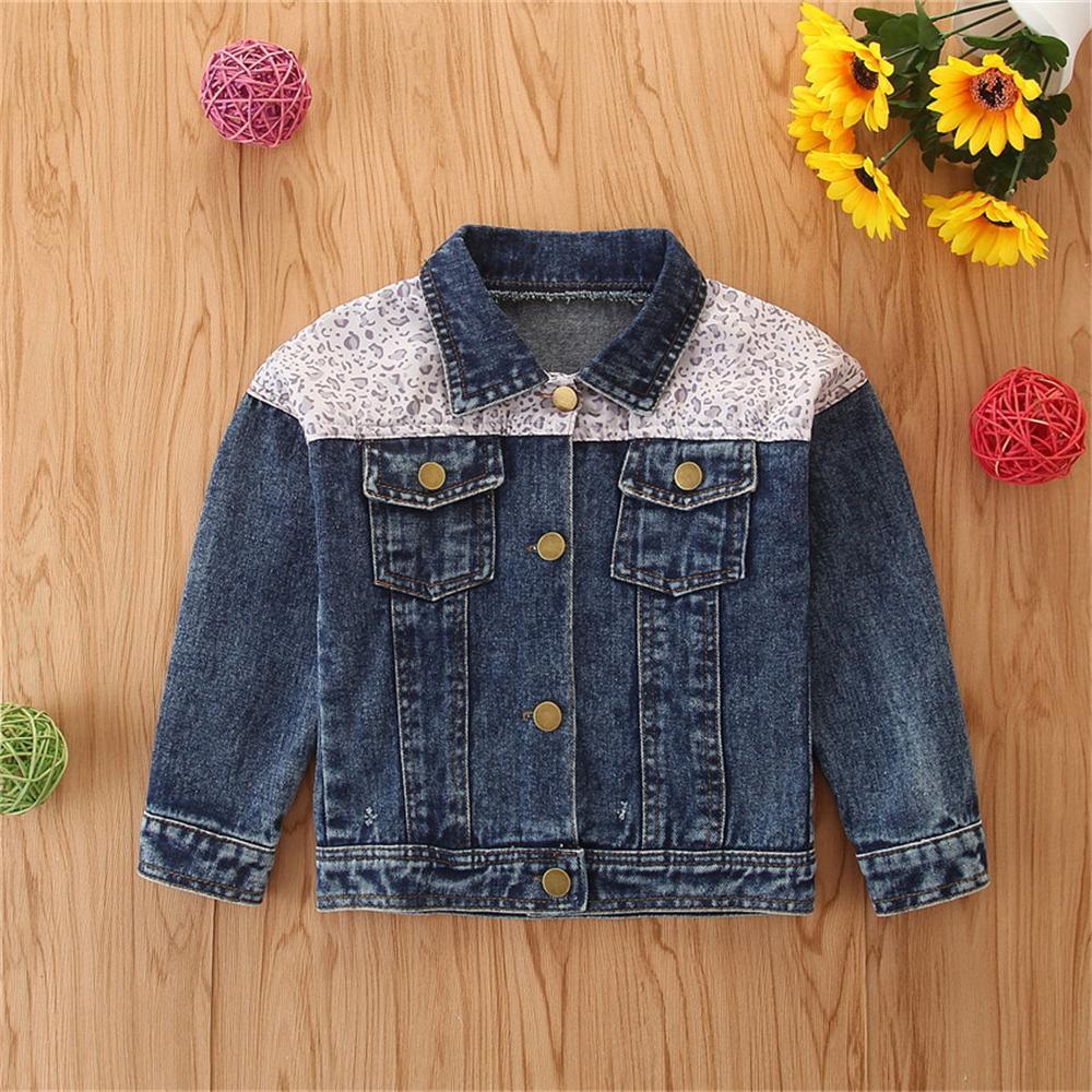 Toddler Girl Lapel Long Sleeve Leopard Splicing Denim Jacket Girl Wholesale - PrettyKid