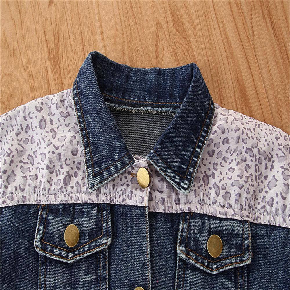 Toddler Girl Lapel Long Sleeve Leopard Splicing Denim Jacket Girl Wholesale - PrettyKid