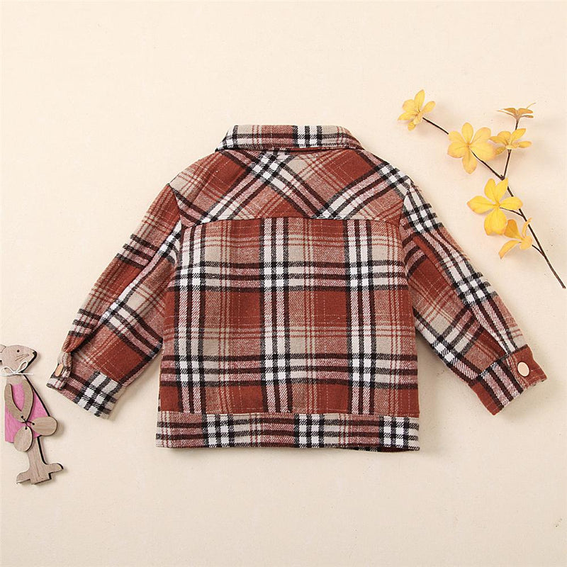 Unisex Lapel Long Sleeve Plaid Button Pocket Jacket Kids Wholesale Clothing - PrettyKid