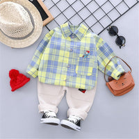 Boys Lapel Long Sleeve Plaid Shirt & Pants - PrettyKid