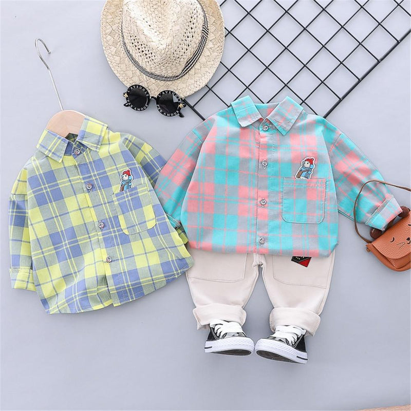 Boys Lapel Long Sleeve Plaid Shirt & Pants - PrettyKid