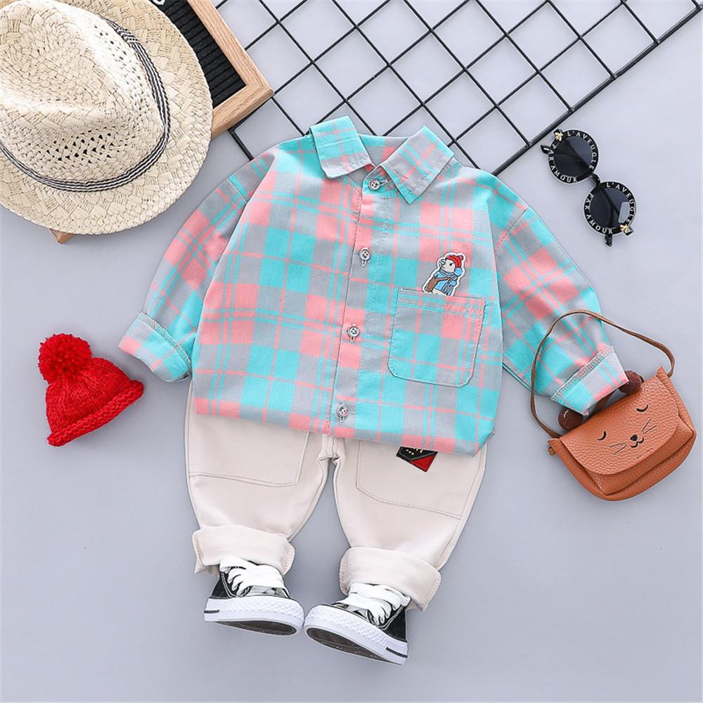 Boys Lapel Long Sleeve Plaid Shirt & Pants - PrettyKid