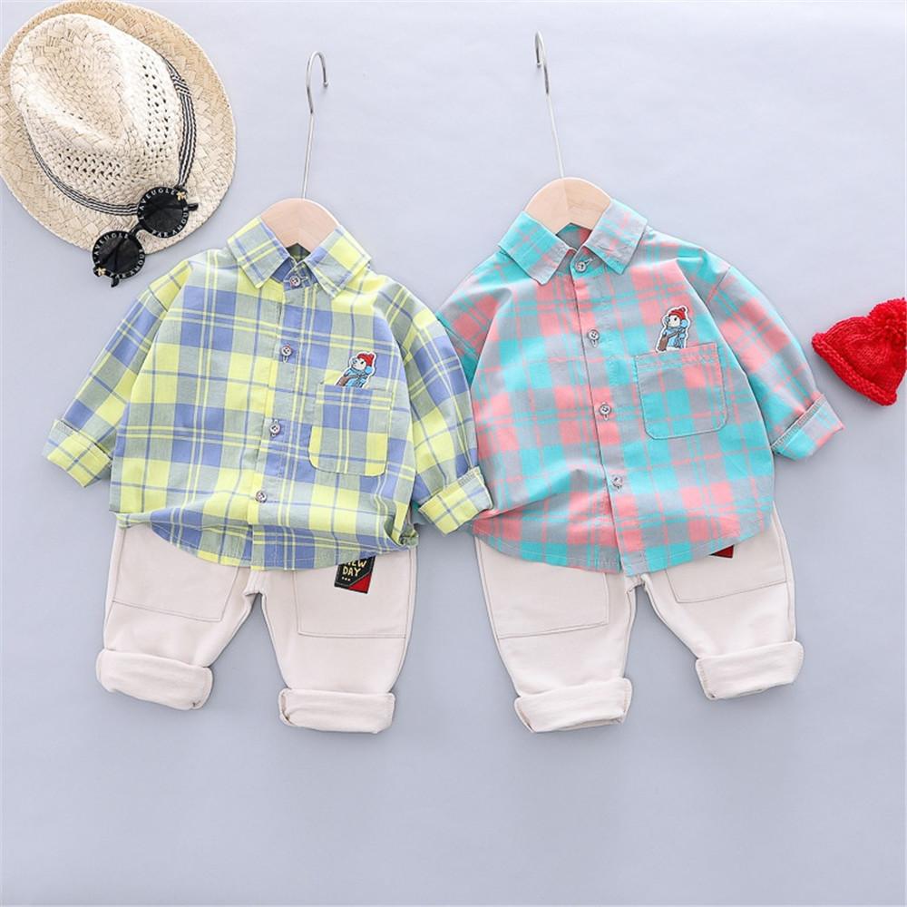 Boys Lapel Long Sleeve Plaid Shirt & Pants - PrettyKid