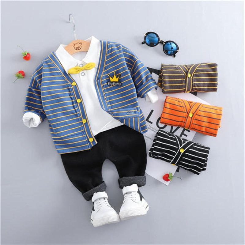 Boys Lapel Long Sleeve Striped Top & Coat & Pants - PrettyKid