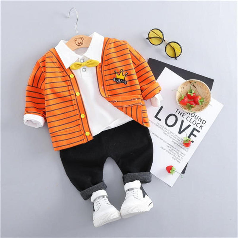 Boys Lapel Long Sleeve Striped Top & Coat & Pants - PrettyKid