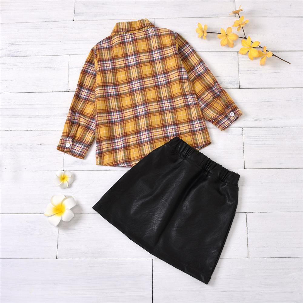 Girls Lapel Paid Long-Sleeve Blouse & PU Skirt Wholesale Girls Clothing - PrettyKid