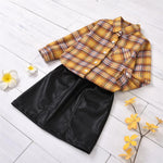 Girls Lapel Paid Long-Sleeve Blouse & PU Skirt Wholesale Girls Clothing - PrettyKid