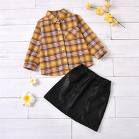 Girls Lapel Paid Long-Sleeve Blouse & PU Skirt Wholesale Girls Clothing - PrettyKid