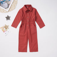 Girls Lapel Pocket Long Sleeve Solid Casual Jumpsuits - PrettyKid