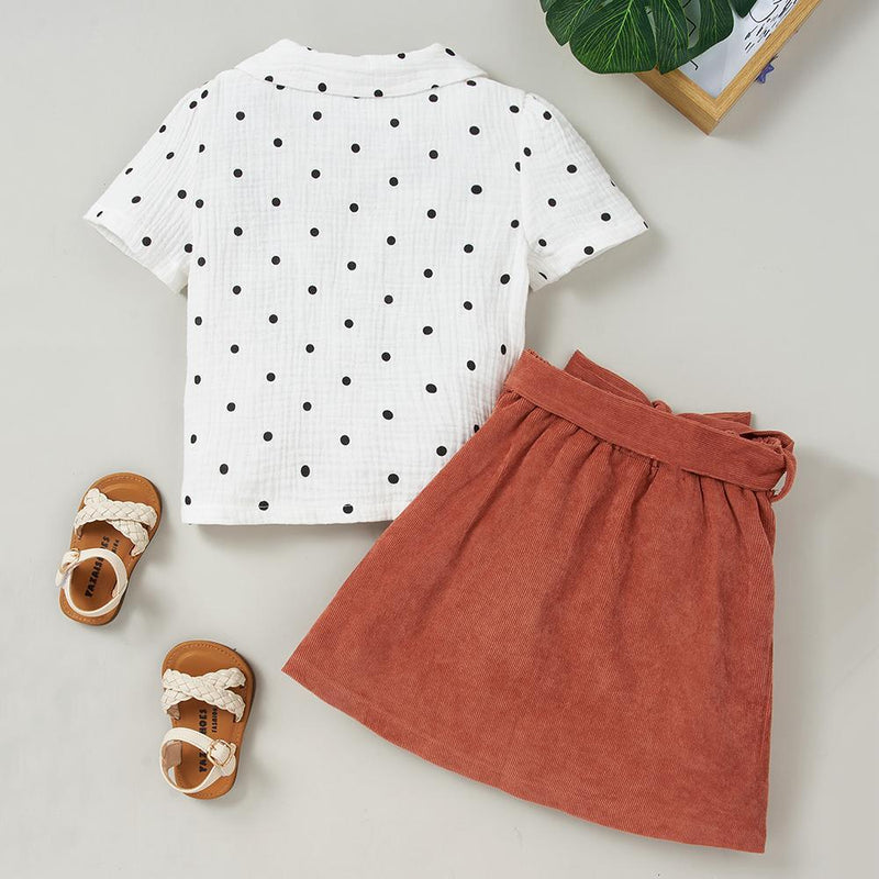 Girls Lapel Polka Dot Short Sleeve Button Top & Solid Skirt Toddler Girls Wholesale - PrettyKid