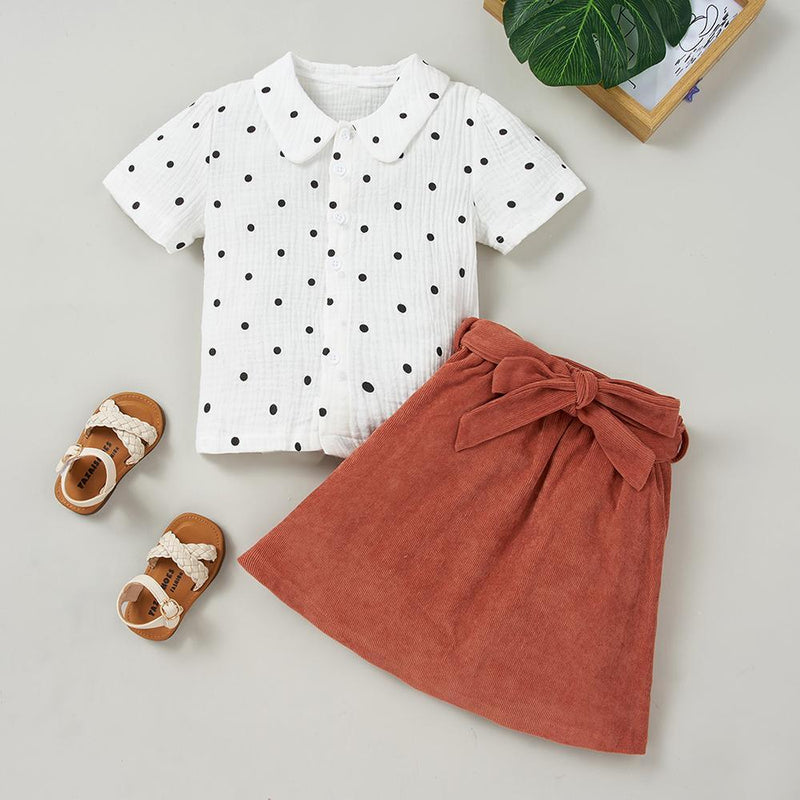 Girls Lapel Polka Dot Short Sleeve Button Top & Solid Skirt Toddler Girls Wholesale - PrettyKid
