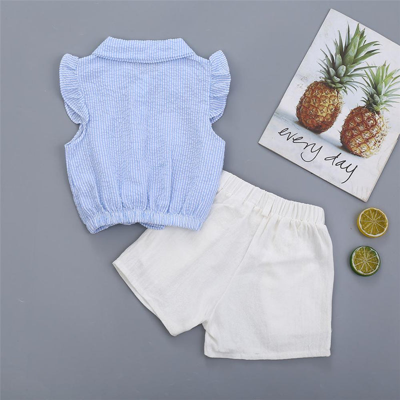 Girls Lapel Sleeveless Solid Color Button Top & Shorts Wholesale Girl Boutique clothes - PrettyKid