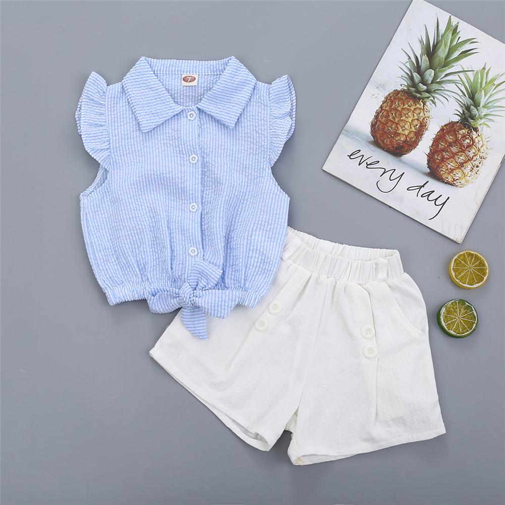 Girls Lapel Sleeveless Solid Color Button Top & Shorts Wholesale Girl Boutique clothes - PrettyKid