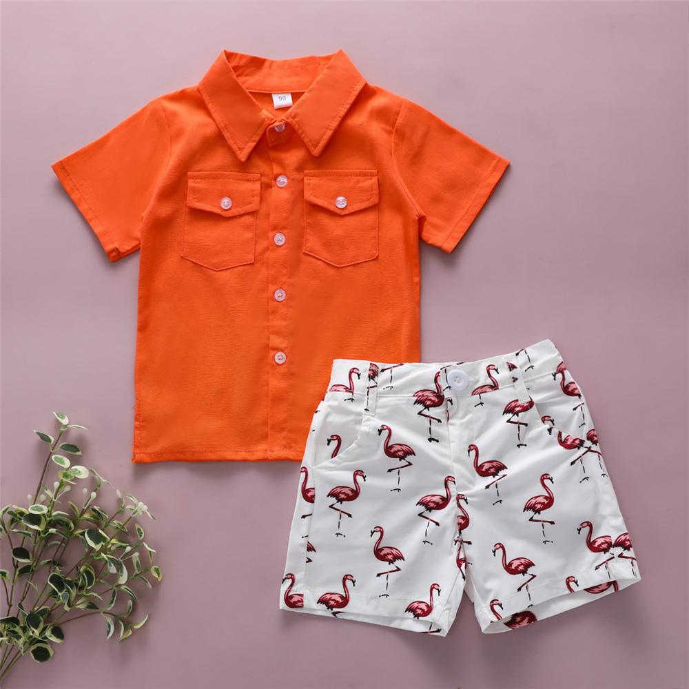 Boys Lapel Solid Button Short Sleeve Top & Cartoon Printed Shorts Wholesale Toddler Boy clothing - PrettyKid