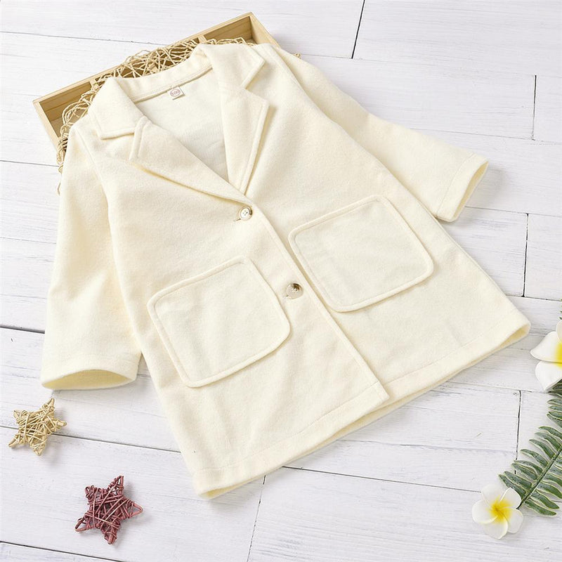 Girls Lapel Solid Color Pocket Long Sleeve Button Coat Wholesale Girl Clothing - PrettyKid