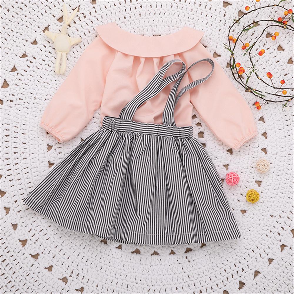 Girls Lapel Solid Top & Stripe Skirt - PrettyKid