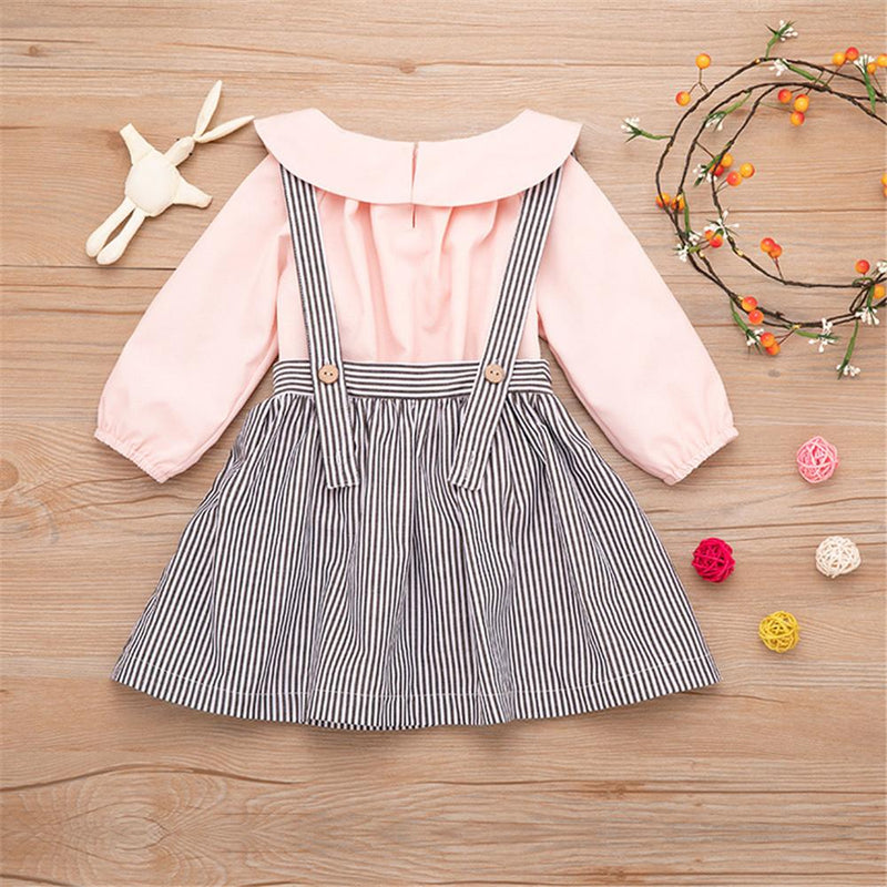 Girls Lapel Solid Top & Stripe Skirt - PrettyKid