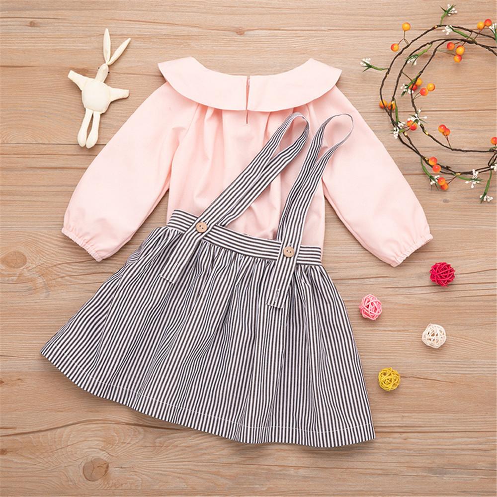 Girls Lapel Solid Top & Stripe Skirt - PrettyKid