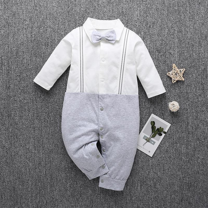 Baby Boy Lapel Stripe Print Bow Detor Romper - PrettyKid