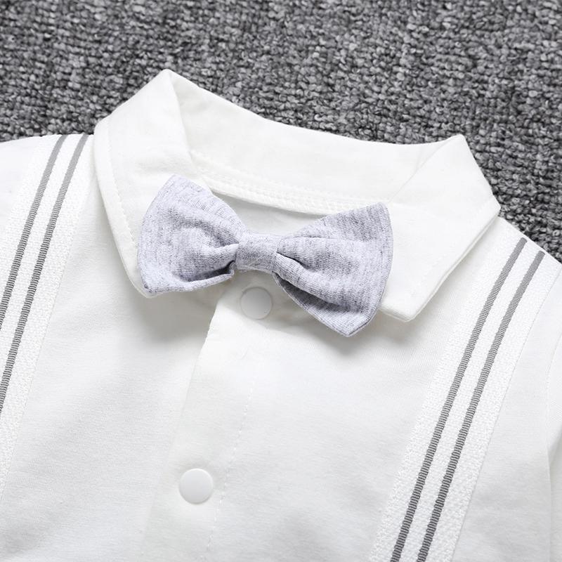 Baby Boy Lapel Stripe Print Bow Detor Romper - PrettyKid