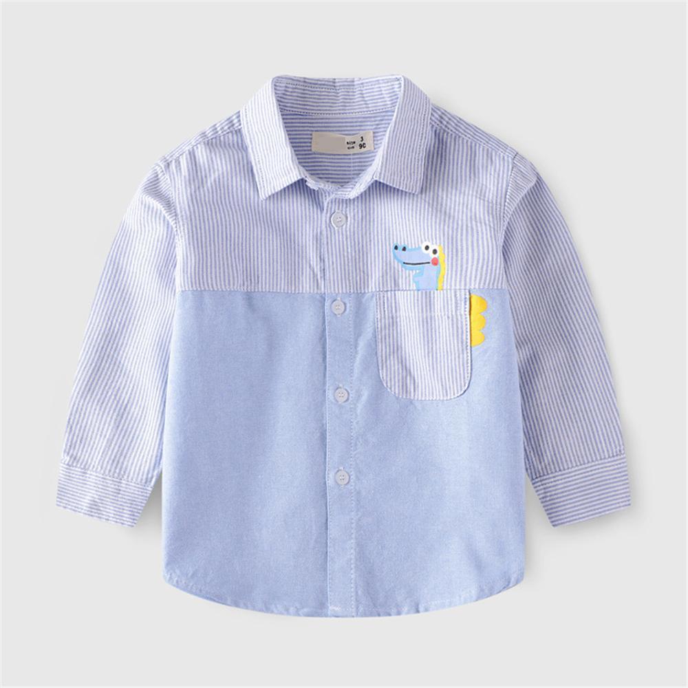 Boys Lapel Striped Dinosaur Splicing Shirt Wholesale - PrettyKid