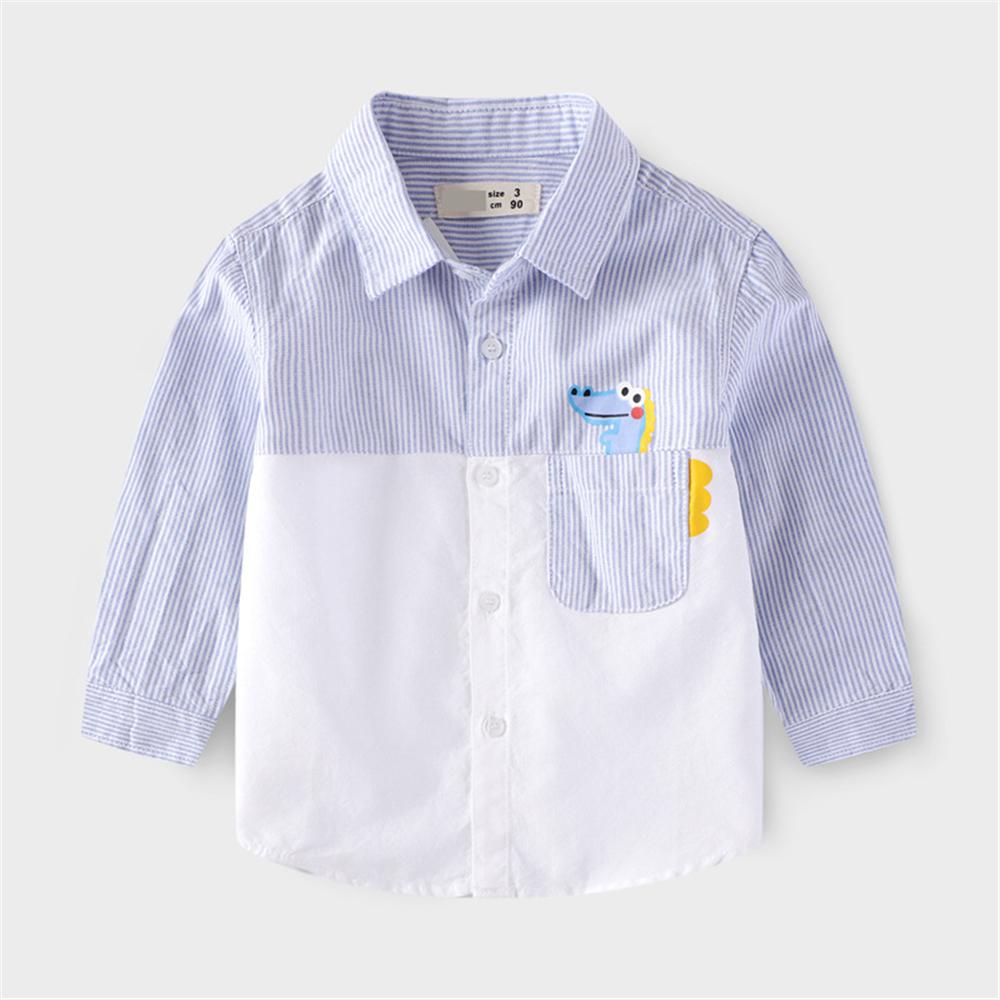 Boys Lapel Striped Dinosaur Splicing Shirt Wholesale - PrettyKid