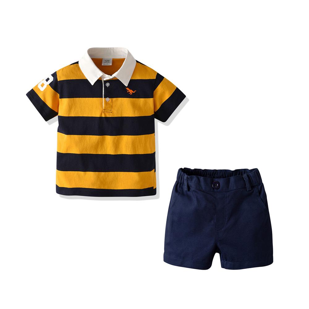 Boys Lapel Striped Short Sleeve Top & Solid Shorts Boy Summer Outfits - PrettyKid