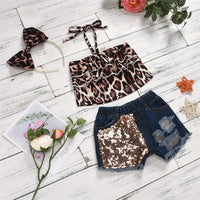 Girls Layered Leopard Tank Top & Sequin Denim Shorts Baby clothes Cheap Wholesale - PrettyKid