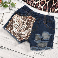 Girls Layered Leopard Tank Top & Sequin Denim Shorts Baby clothes Cheap Wholesale - PrettyKid