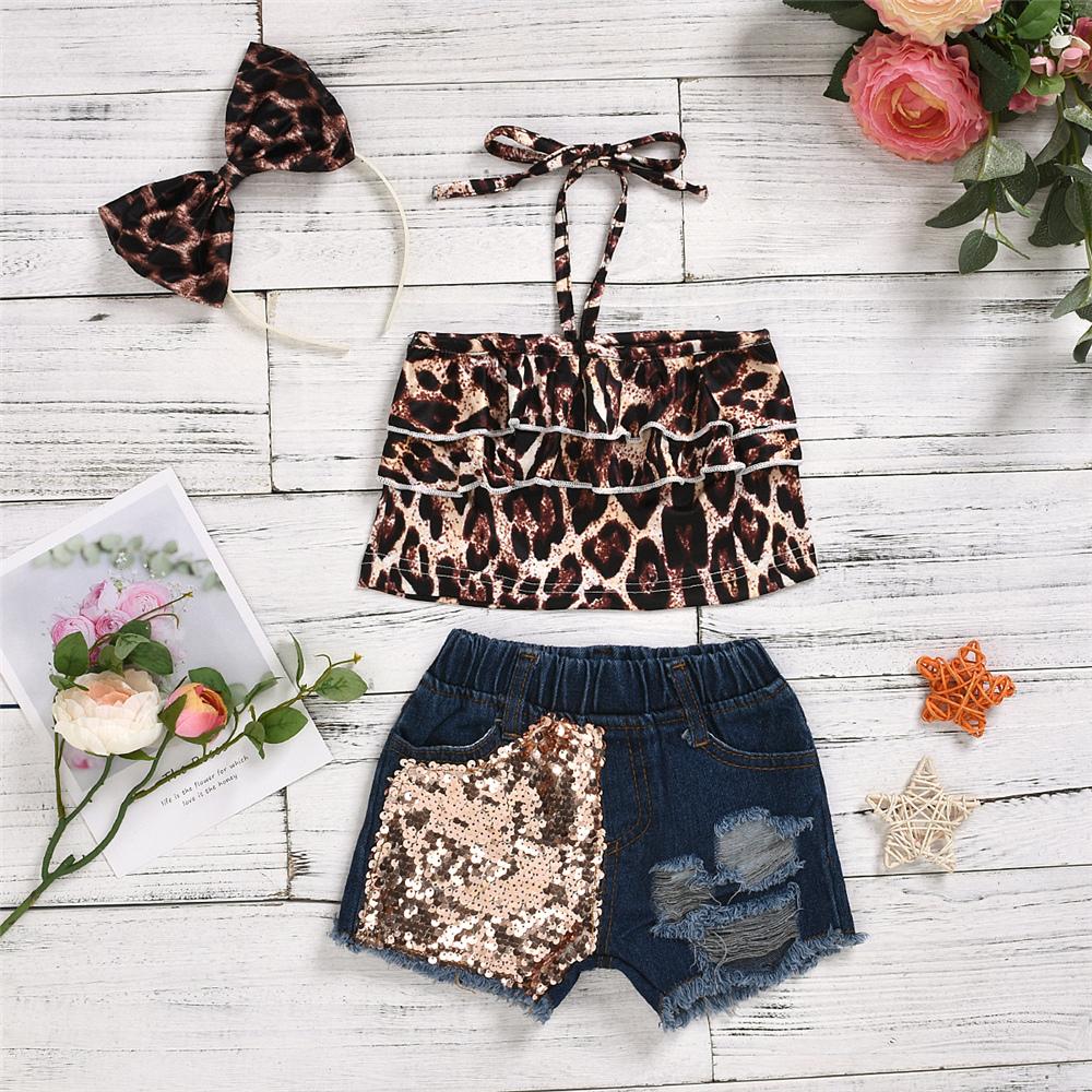 Girls Layered Leopard Tank Top & Sequin Denim Shorts Baby clothes Cheap Wholesale - PrettyKid