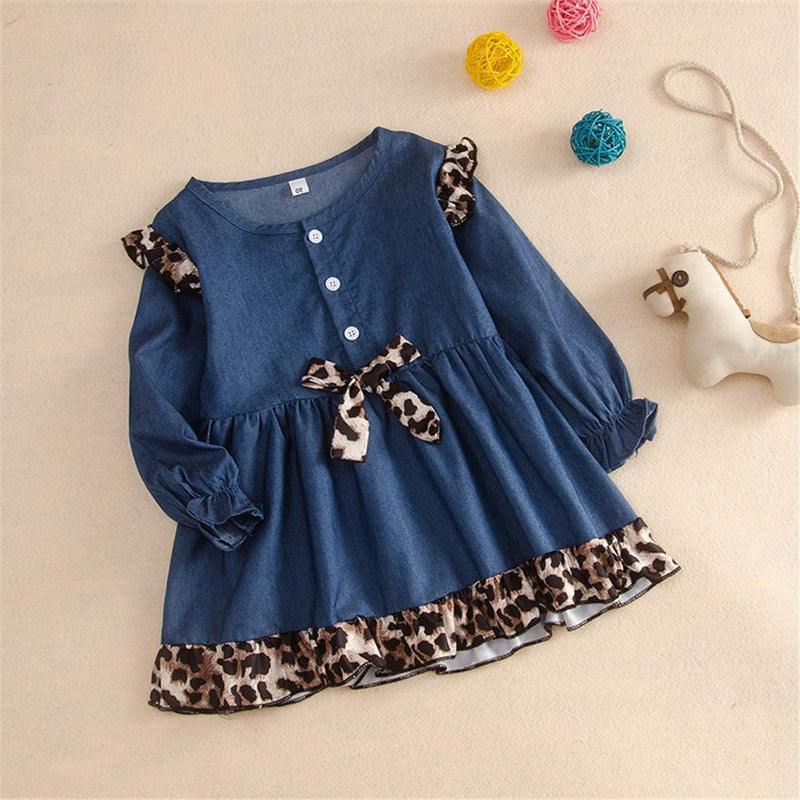 Girls Leopard Bow Long Sleeve Dress Toddler Girl Wholesale Clothing - PrettyKid