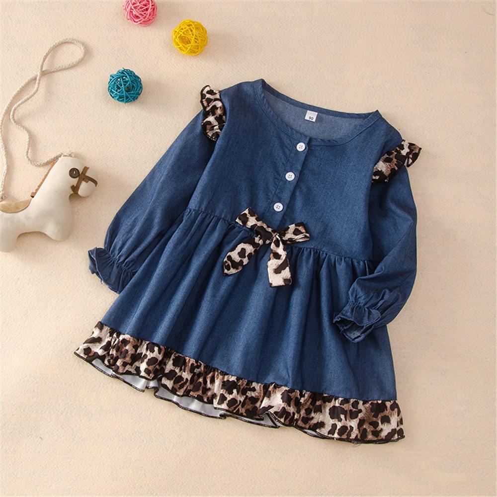 Girls Leopard Bow Long Sleeve Dress Toddler Girl Wholesale Clothing - PrettyKid