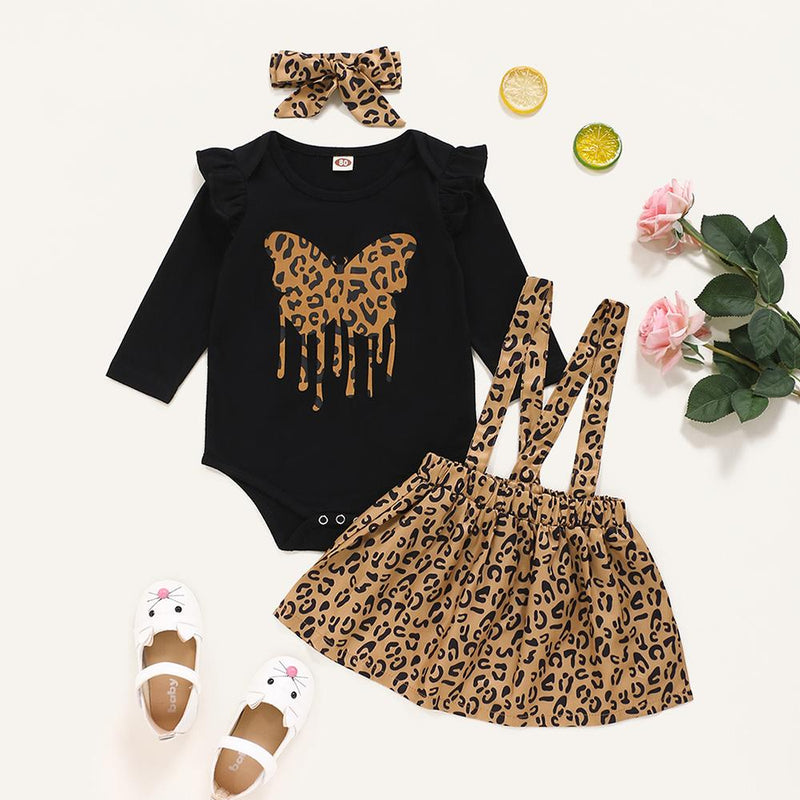 Baby Leopard Butterfly Printed Long Sleeve Romper & Skirt & Headband Baby Romper Wholesale - PrettyKid