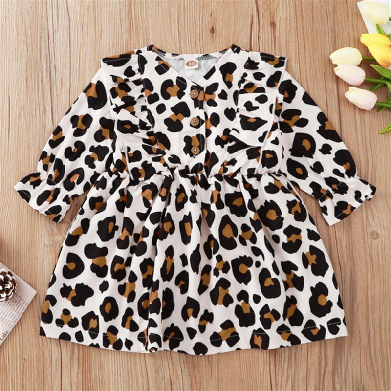 Baby Girls Leopard Button Long Sleeve Dress Wholesale Baby Outfits - PrettyKid