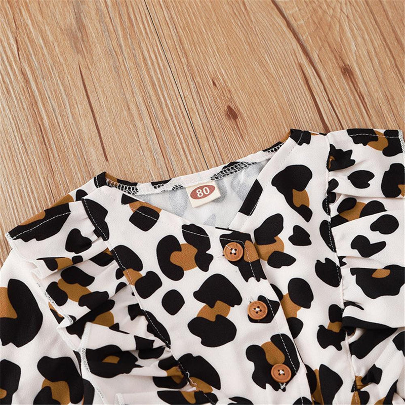 Baby Girls Leopard Button Long Sleeve Dress Wholesale Baby Outfits - PrettyKid