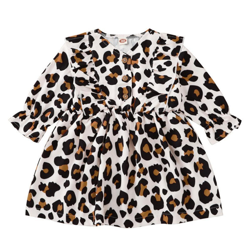 Baby Girls Leopard Button Long Sleeve Dress Wholesale Baby Outfits - PrettyKid