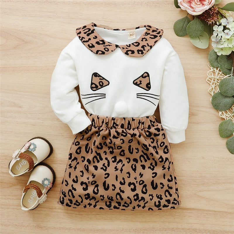 Girls Leopard Cat Crew Neck Long Sleeve Top & Skirt Buy Kids Clothing Wholesale - PrettyKid