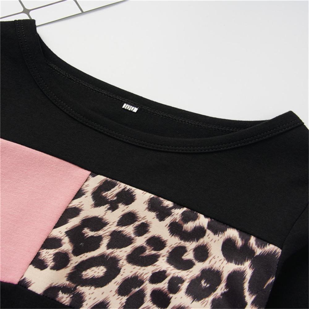 Girls Leopard Color Block Long Sleeve T-shirt Girls Wholesale Clothes - PrettyKid