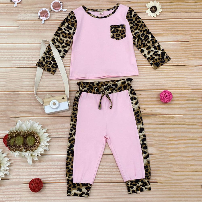 Girls Leopard Crew Neck Long Sleeve Top & Trousers Girls Clothes Wholesale - PrettyKid