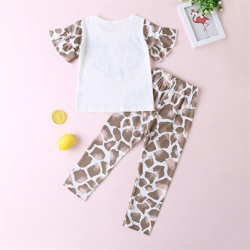 Girls Leopard Deer Head Printed Short Sleeve Top & Trousers Baby Girl Wholesale - PrettyKid