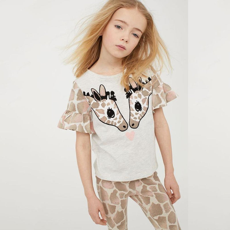 Girls Leopard Deer Head Printed Short Sleeve Top & Trousers Baby Girl Wholesale - PrettyKid