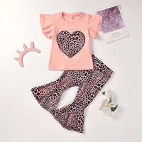 Girls Leopard Heart Printed Short Sleeve Top & Bell Trousers Girls Boutique Clothes Wholesale - PrettyKid