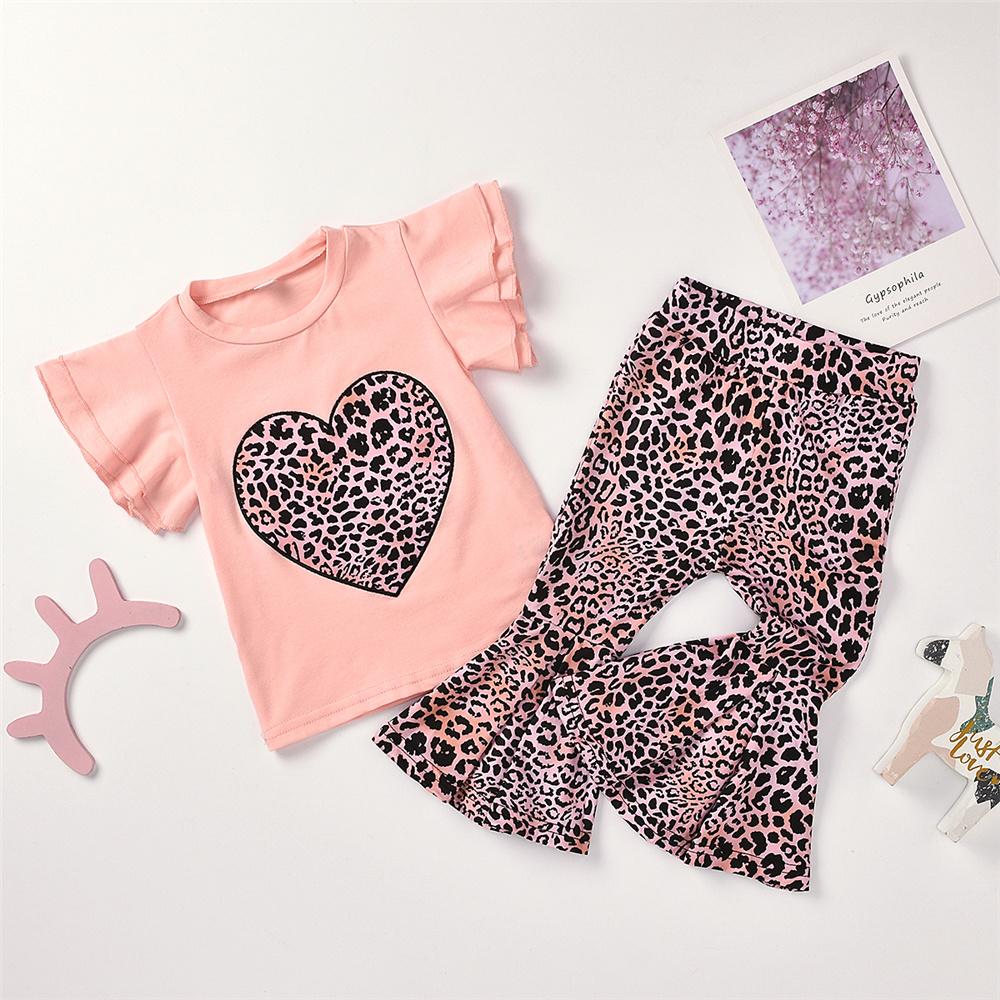 Girls Leopard Heart Printed Short Sleeve Top & Bell Trousers Girls Boutique Clothes Wholesale - PrettyKid