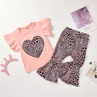 Girls Leopard Heart Printed Short Sleeve Top & Bell Trousers Girls Boutique Clothes Wholesale - PrettyKid