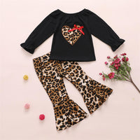 Girls Leopard Heart Solid Tops & Flares Pants Wholesale Daddys Girl Baby Outfit - PrettyKid