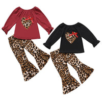 Girls Leopard Heart Solid Tops & Flares Pants Wholesale Daddys Girl Baby Outfit - PrettyKid