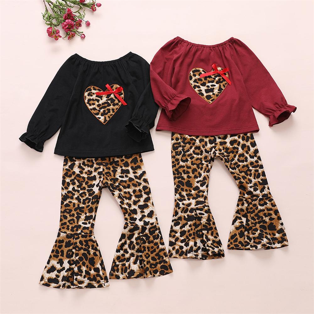 Girls Leopard Heart Solid Tops & Flares Pants Wholesale Daddys Girl Baby Outfit - PrettyKid